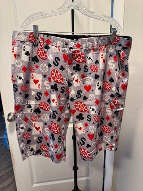 Men's Casino-Print Flat Front Shorts — Red, Black & Gray